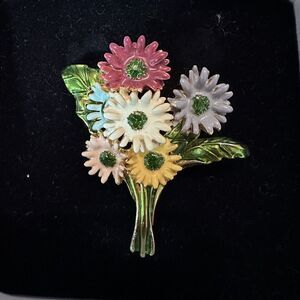Signed Museum Of Fine Arts Enamel Floral Brooch Vintage EUC Red Blue Pink Yellow